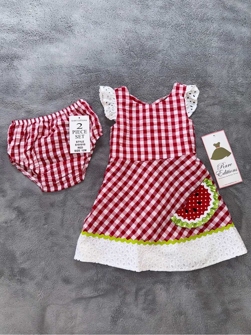 Rare Editions Baby Girl Watermelon Gingham Dress Set 12M NWT